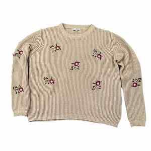 Woven Heart Womens Beige Sweater Size L Floral Embroidered Cable Knit Boho